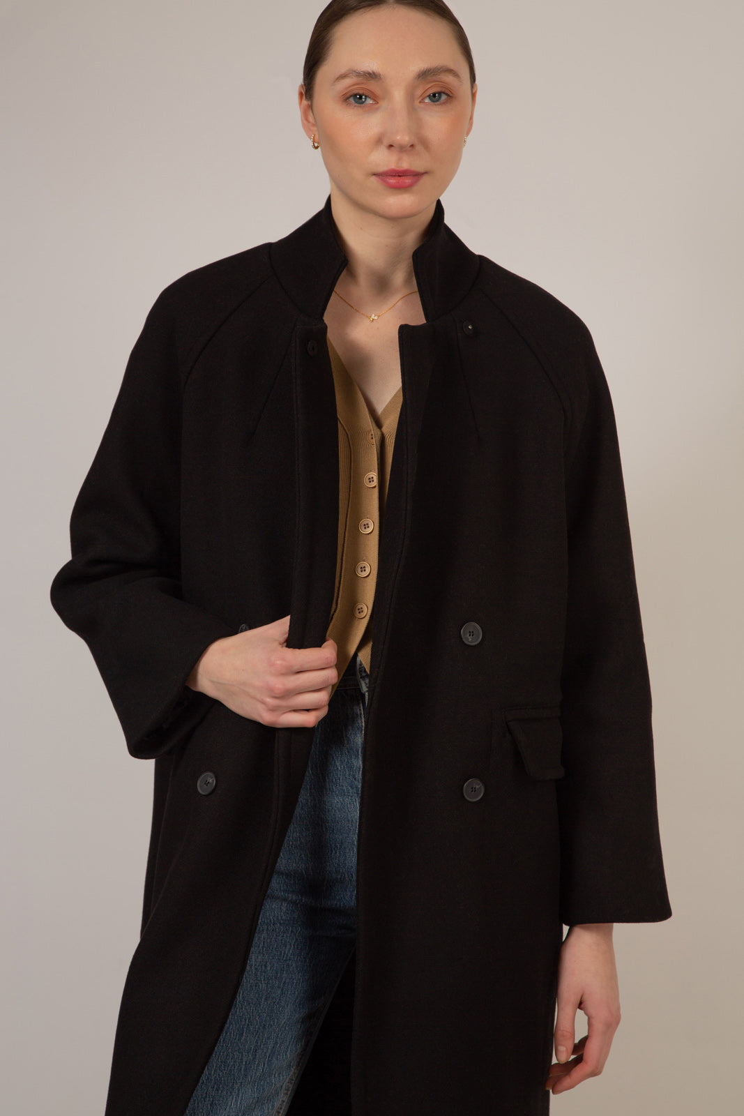 Black wool blend cocoon tailored coat_5