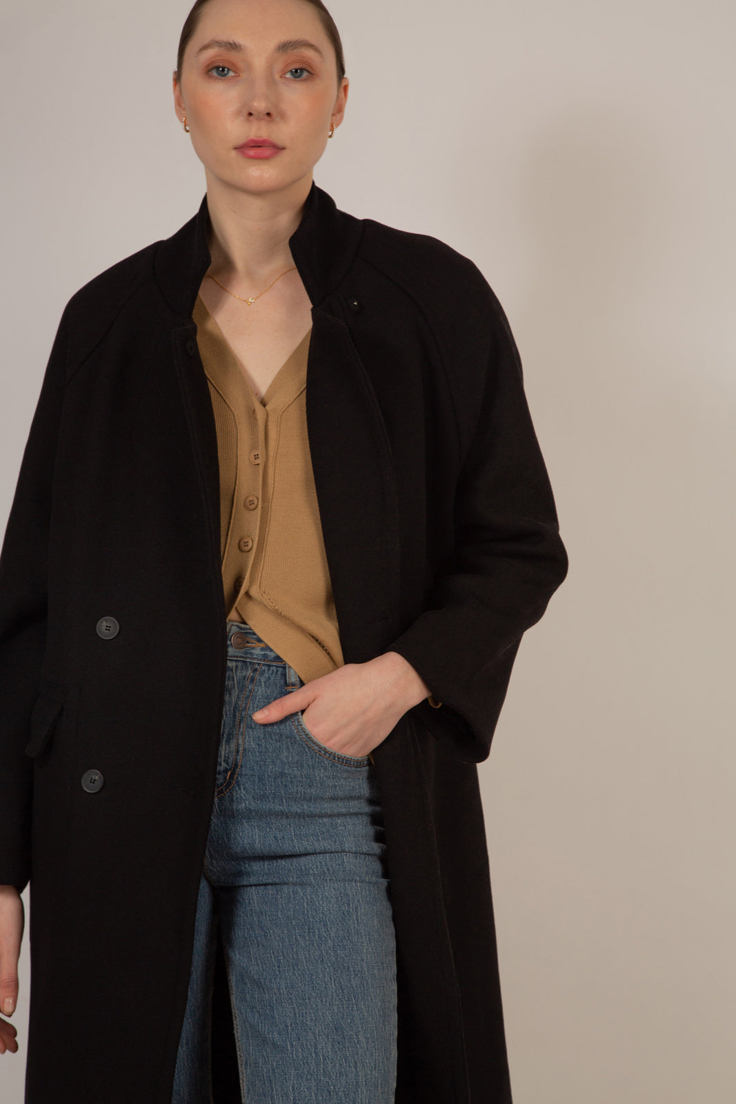 Black wool blend cocoon tailored coat_11