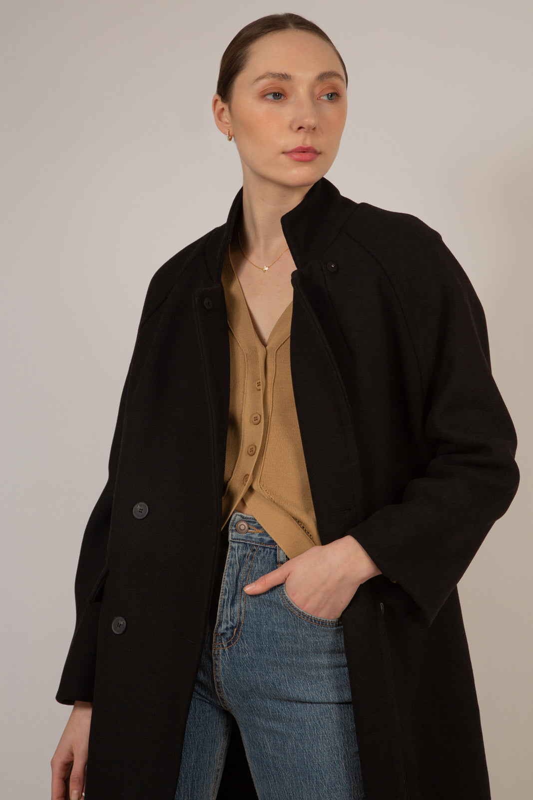 Black wool blend cocoon tailored coat_4