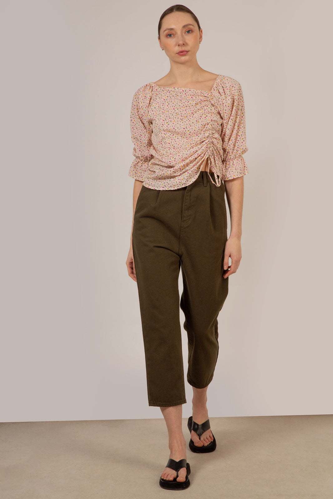 Ivory and pink floral double ruched long sleeved top_1