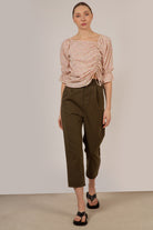 Ivory and pink floral double ruched long sleeved top_1