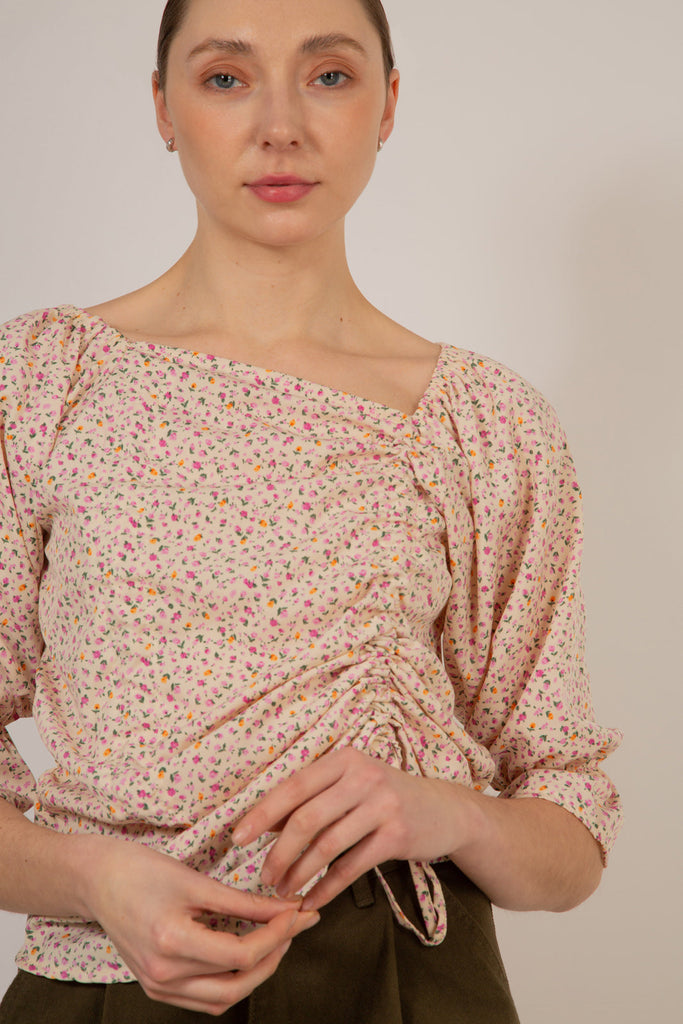 Ivory and pink floral double ruched long sleeved top_2