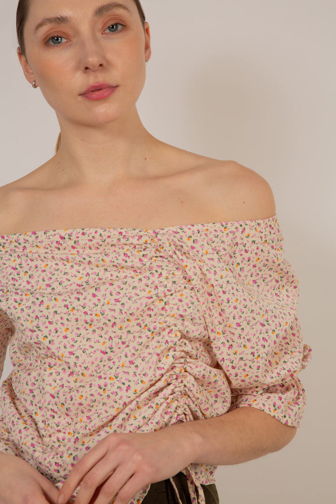 Ivory and pink floral double ruched long sleeved top_3