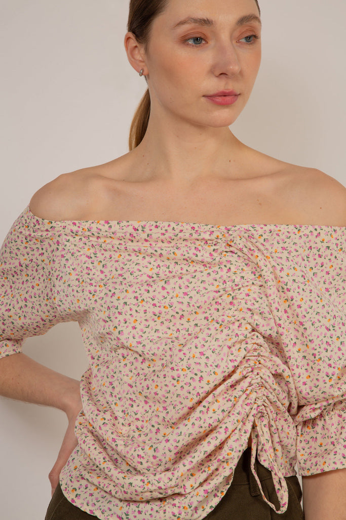 Ivory and pink floral double ruched long sleeved top_4