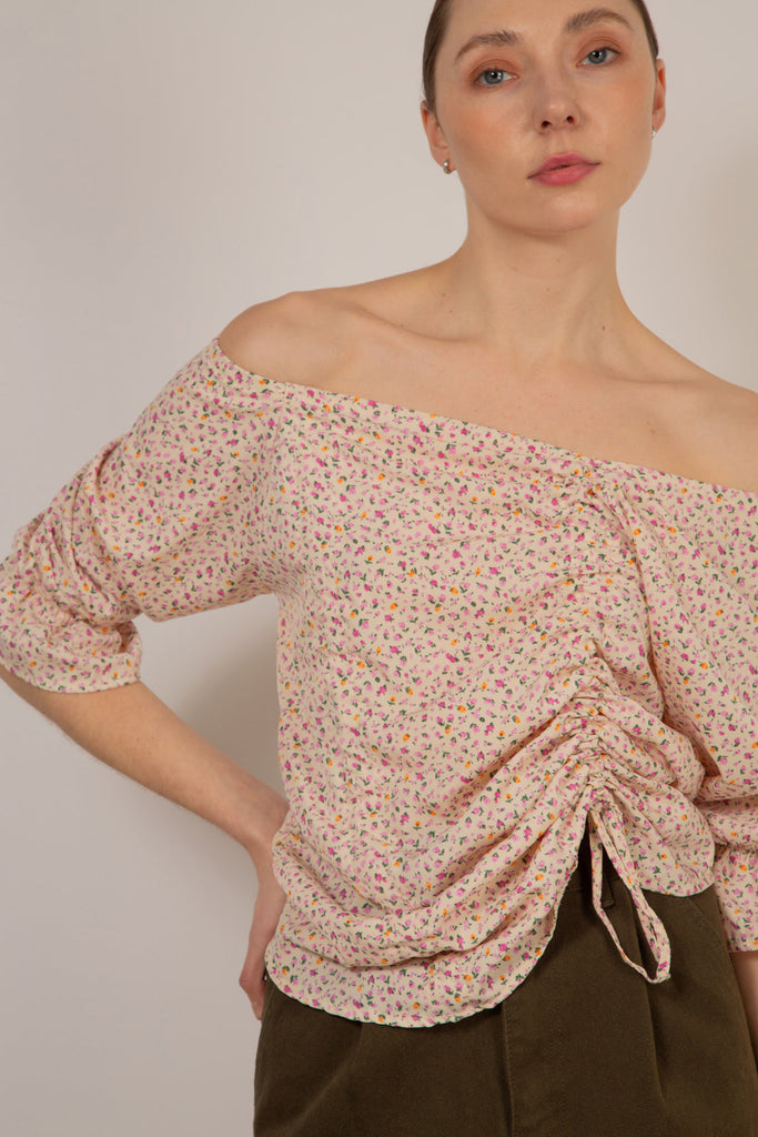Ivory and pink floral double ruched long sleeved top_5