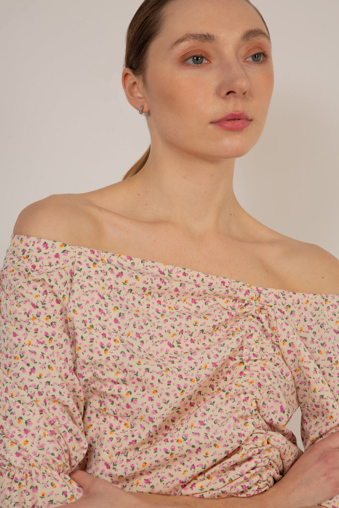 Ivory and pink floral double ruched long sleeved top_6