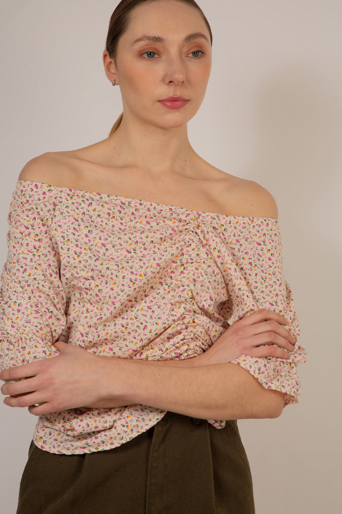 Ivory and pink floral double ruched long sleeved top_7