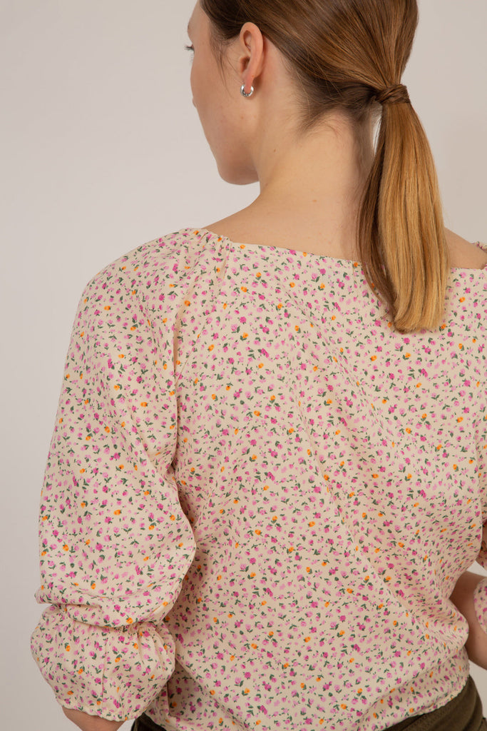 Ivory and pink floral double ruched long sleeved top_8