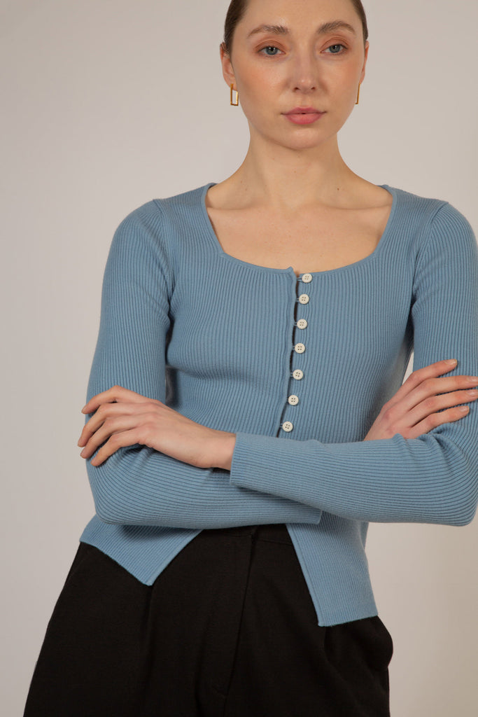 Pale blue square neck button front knit top_1