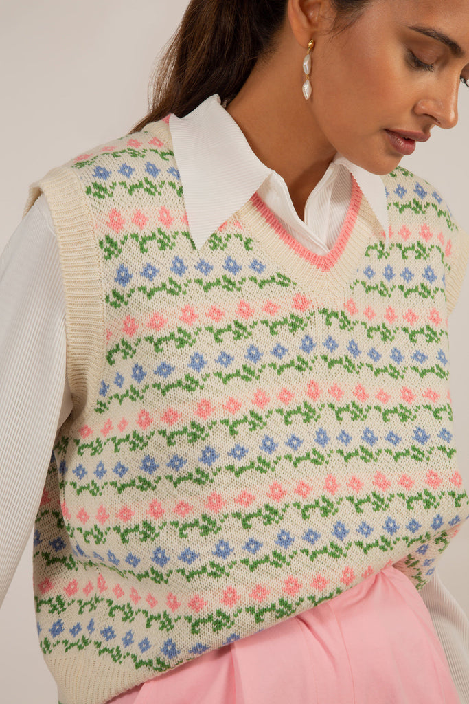 Pink and green tiny intarsia flower sweater vest_7