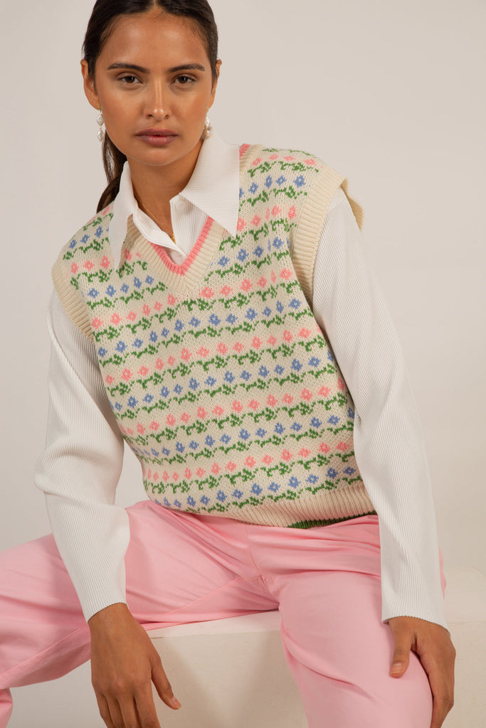 Pink and green tiny intarsia flower sweater vest_13