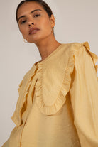 Mustard long ruffle trim collar blouse_11