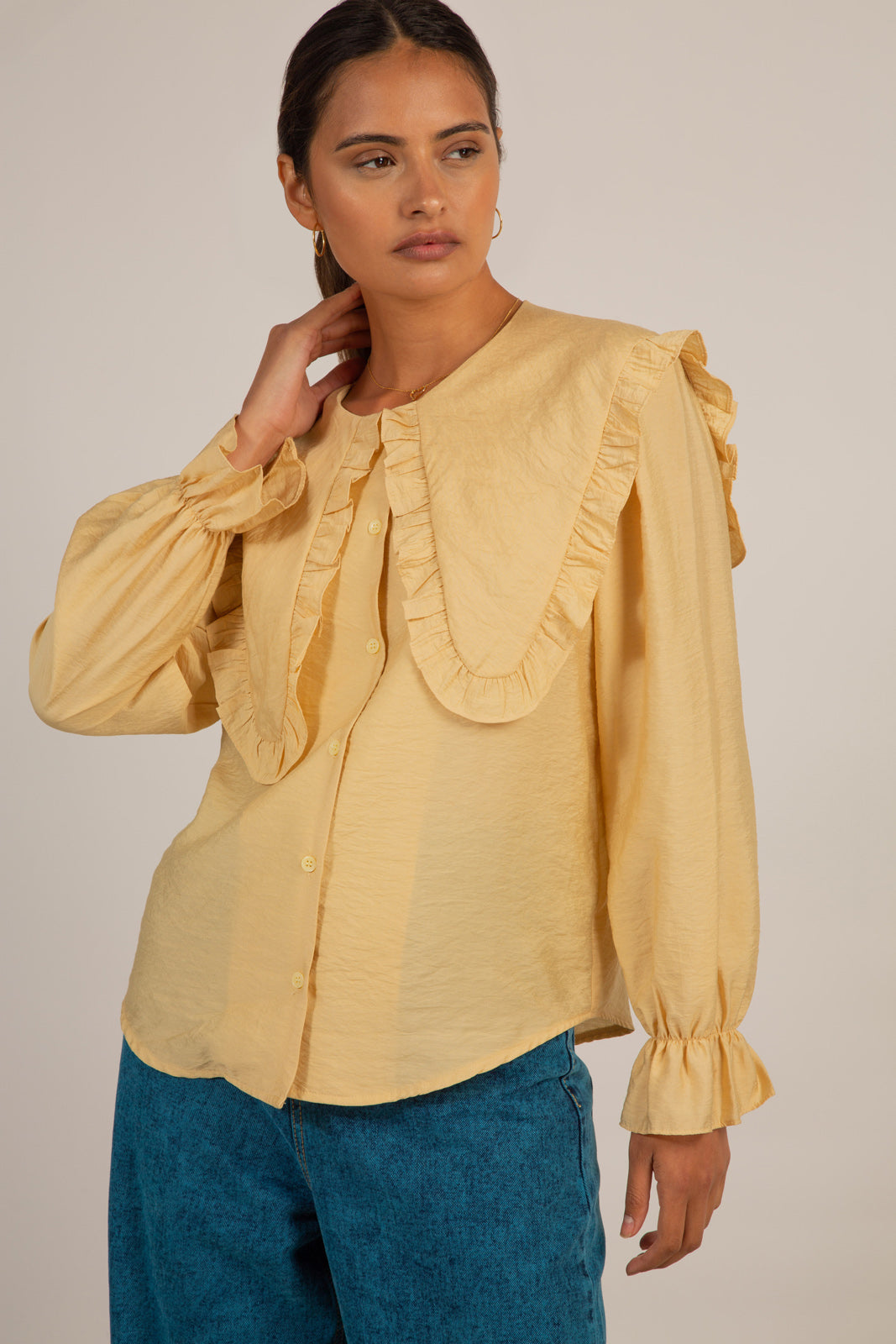 Mustard long ruffle trim collar blouse_10