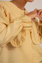 Mustard long ruffle trim collar blouse_6