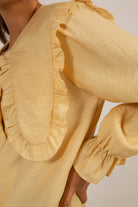 Mustard long ruffle trim collar blouse_8