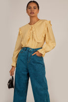 Mustard long ruffle trim collar blouse_7