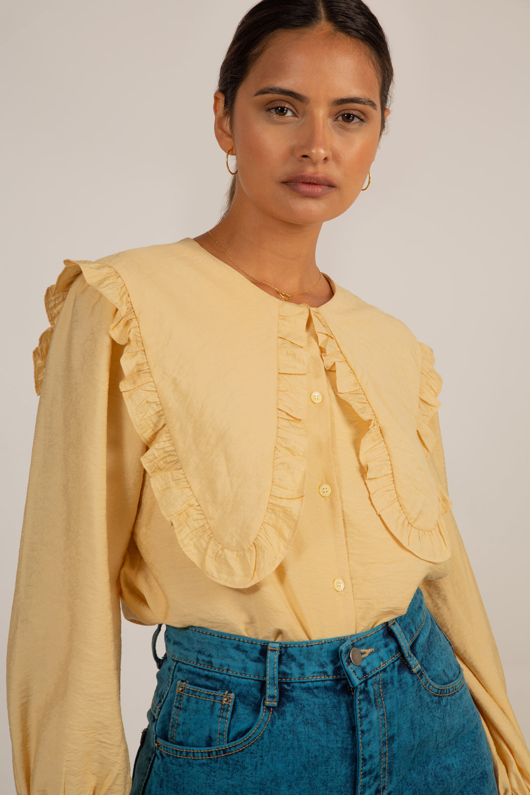 Mustard long ruffle trim collar blouse_9