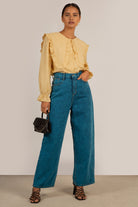 Mustard long ruffle trim collar blouse_4