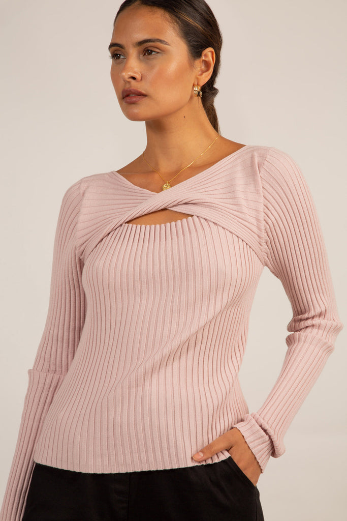 Pink peek twist front knit top_1