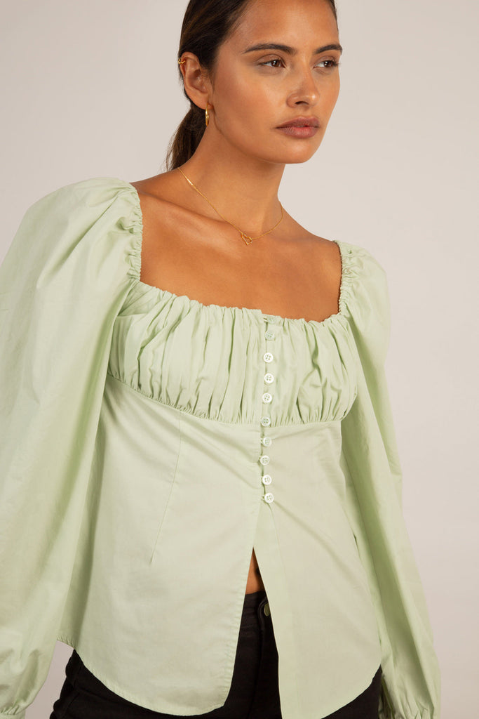 Pale green ruched bust peasant top_1