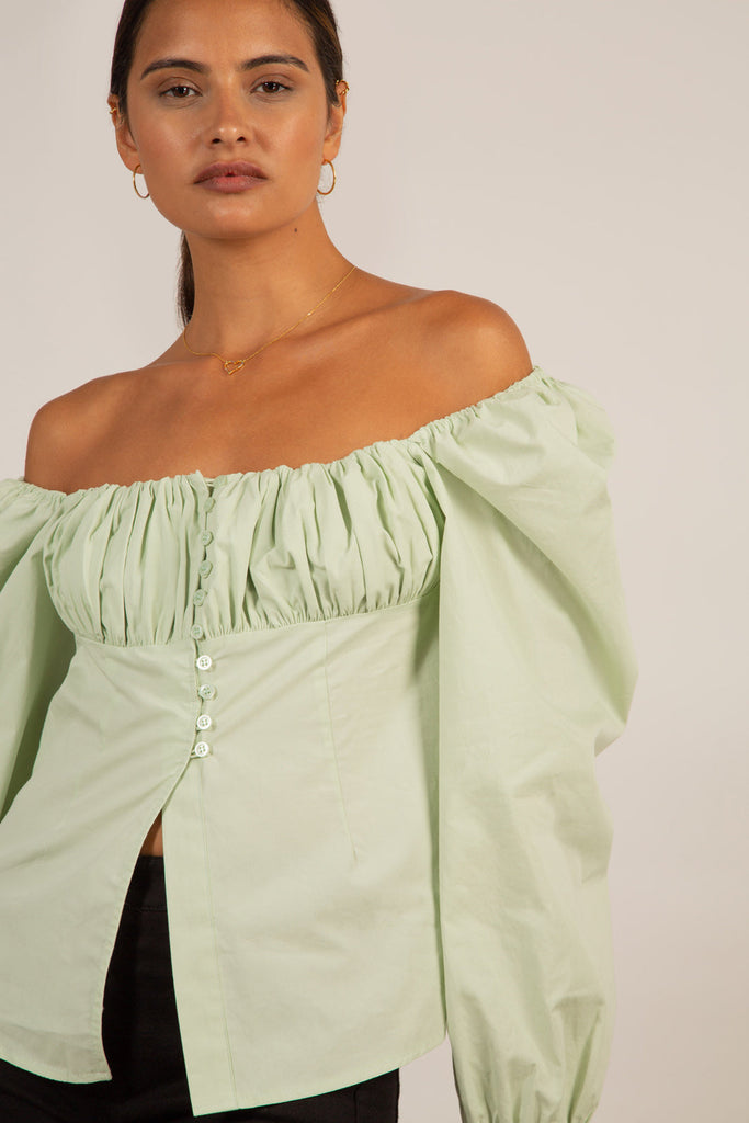 Pale green ruched bust peasant top_10