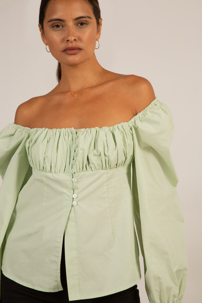 Pale green ruched bust peasant top_3