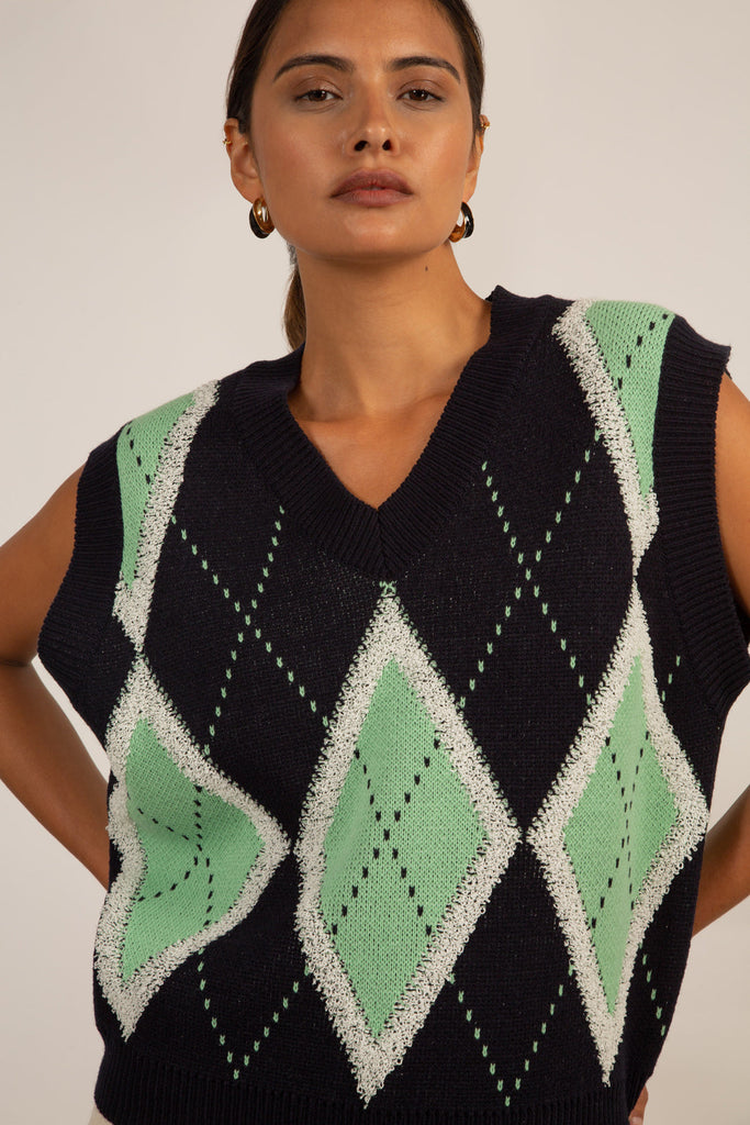 Navy and green textured argyle sweater vest_1