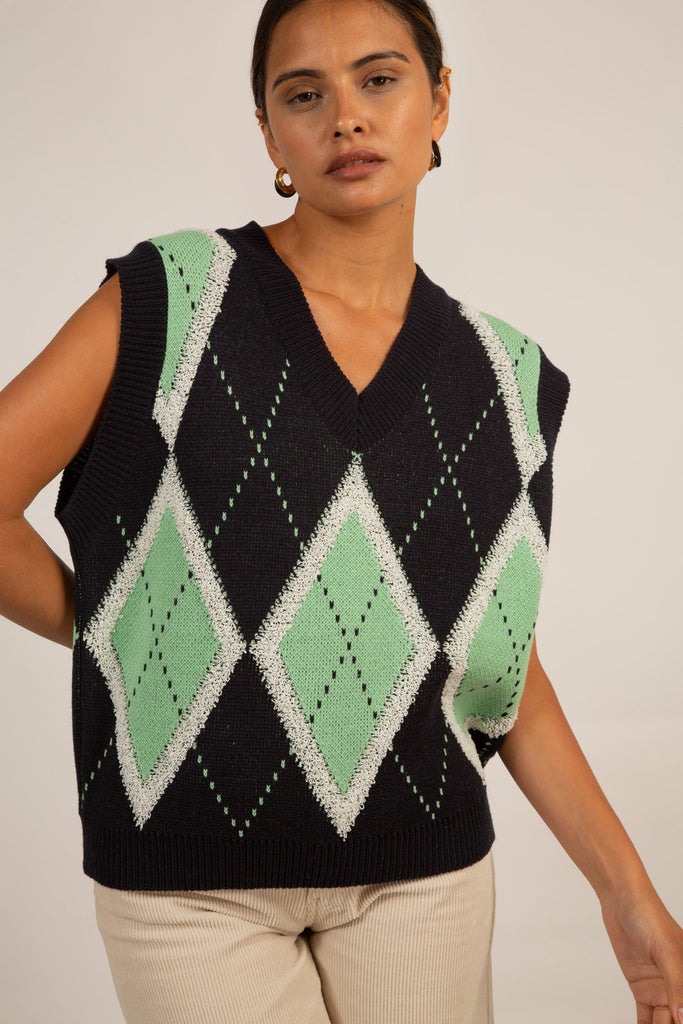 Navy and green textured argyle sweater vest_9
