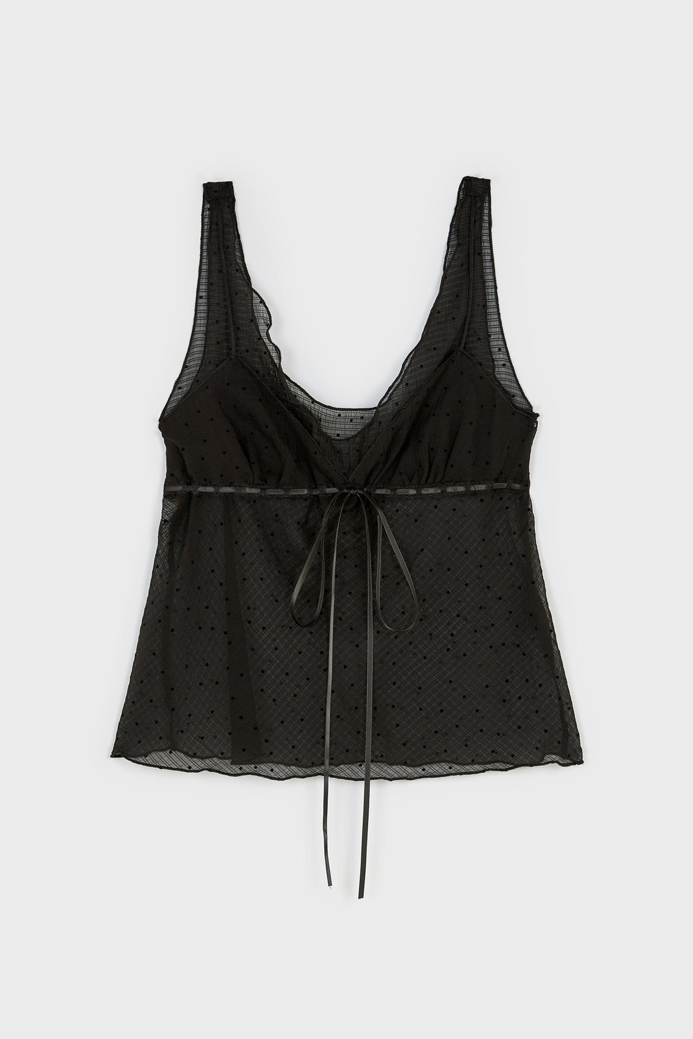 All black polka dot semi sheer ribbon trim tank top_1