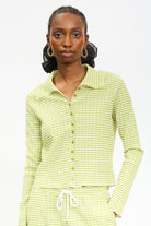 Apple green gingham and green trim button up top_1