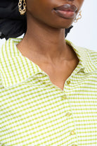 Apple green gingham and green trim button up top_3
