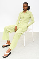 Apple green gingham and green trim button up top_5