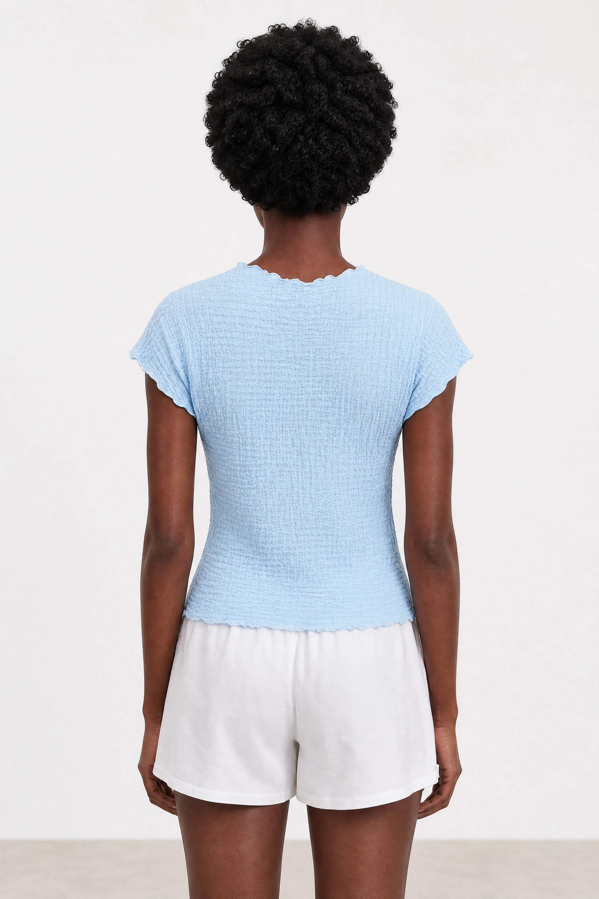 Baby blue bubble texture mock neck short sleeve top_2
