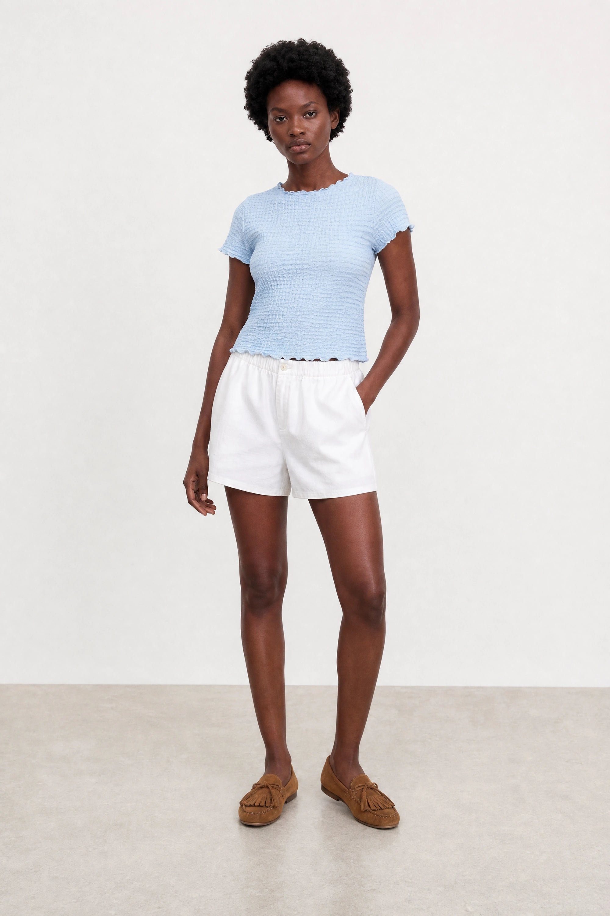 Baby blue bubble texture mock neck short sleeve top_4