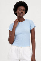 Baby blue bubble texture mock neck short sleeve top_1