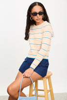 Baby pink and blue horizontal striped knit top_5