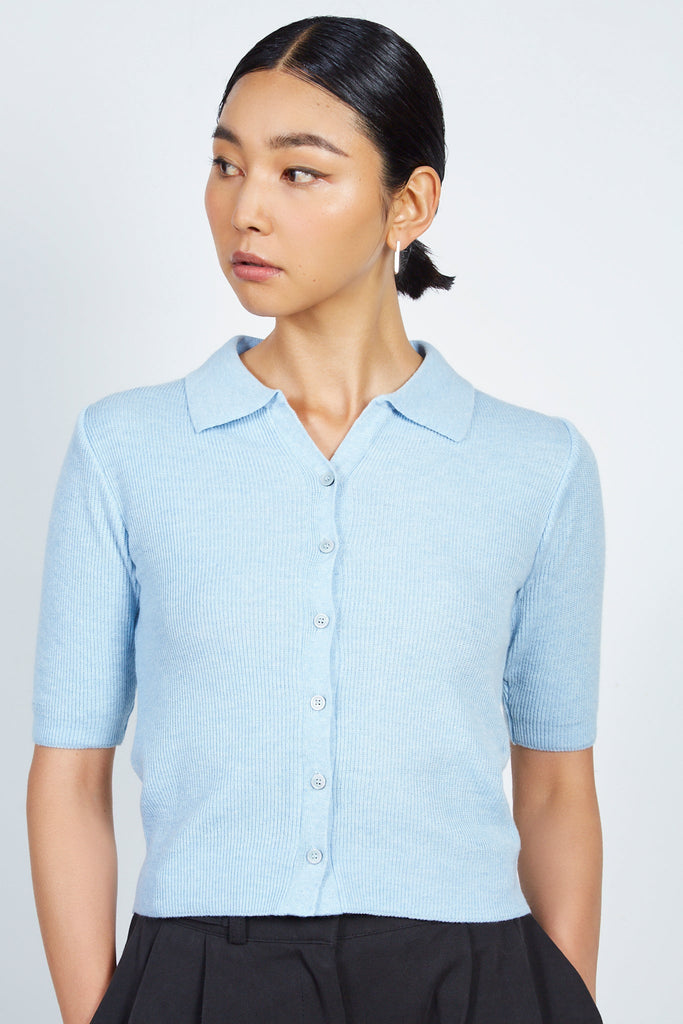 Baby blue bamboo blend button front knit tee_1