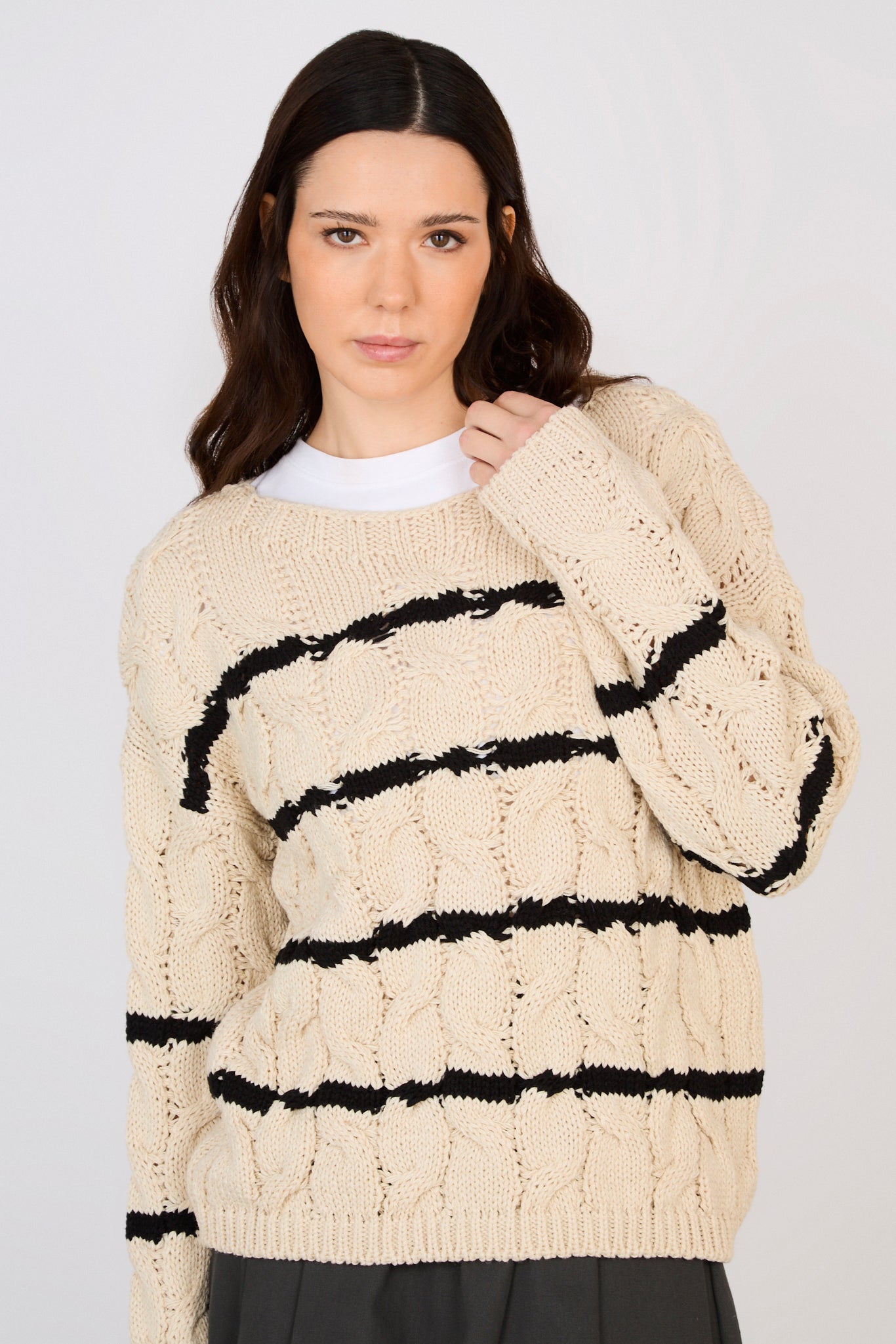 Beige and black striped cable knit jumper