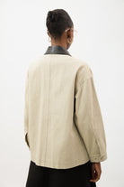 Beige and black vegan leather contrast collar parka_4