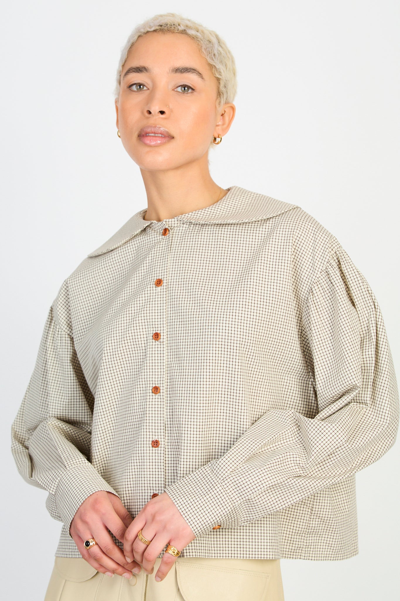 Beige and brown box check rounded collar shirt_1