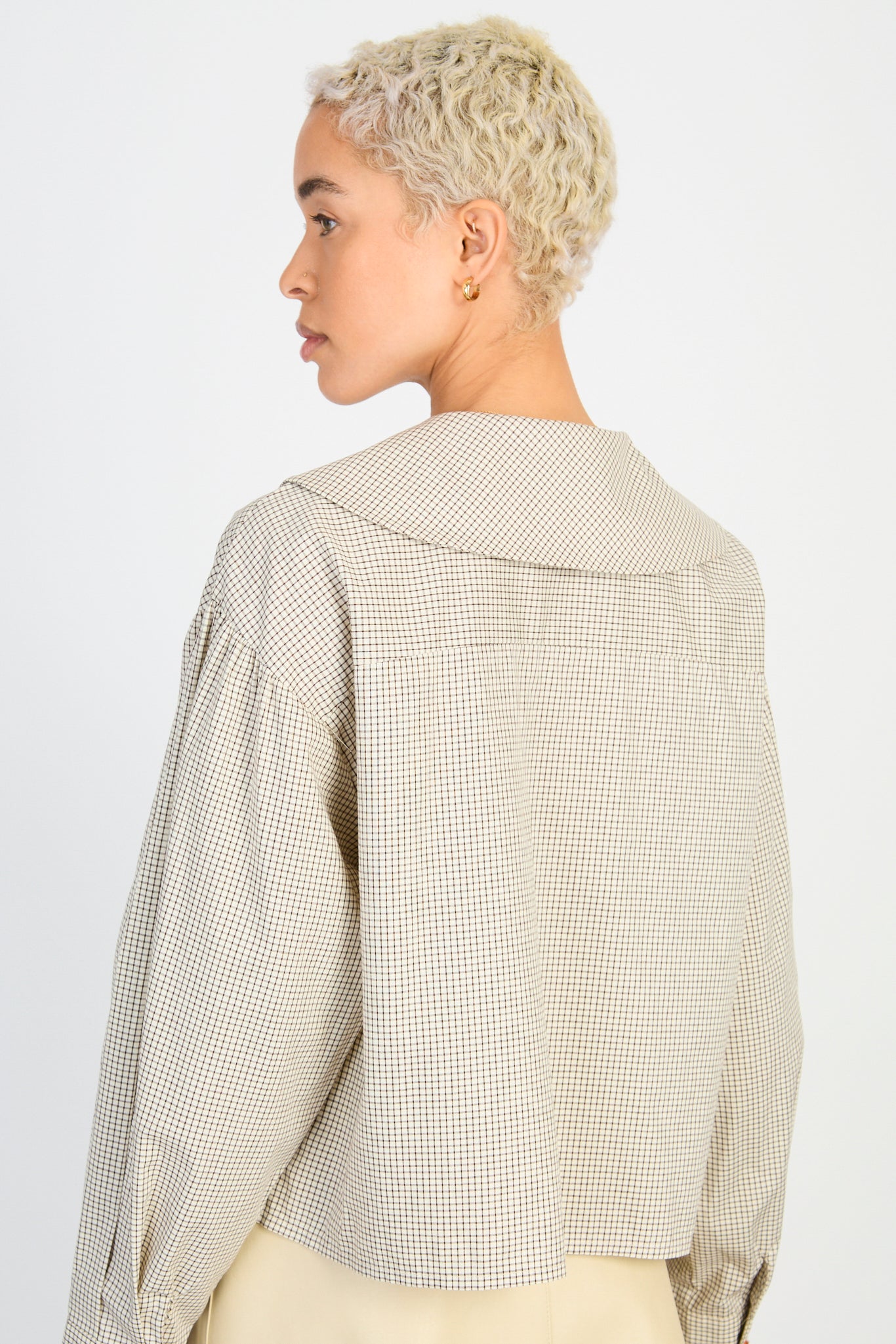 Beige and brown box check rounded collar shirt_2