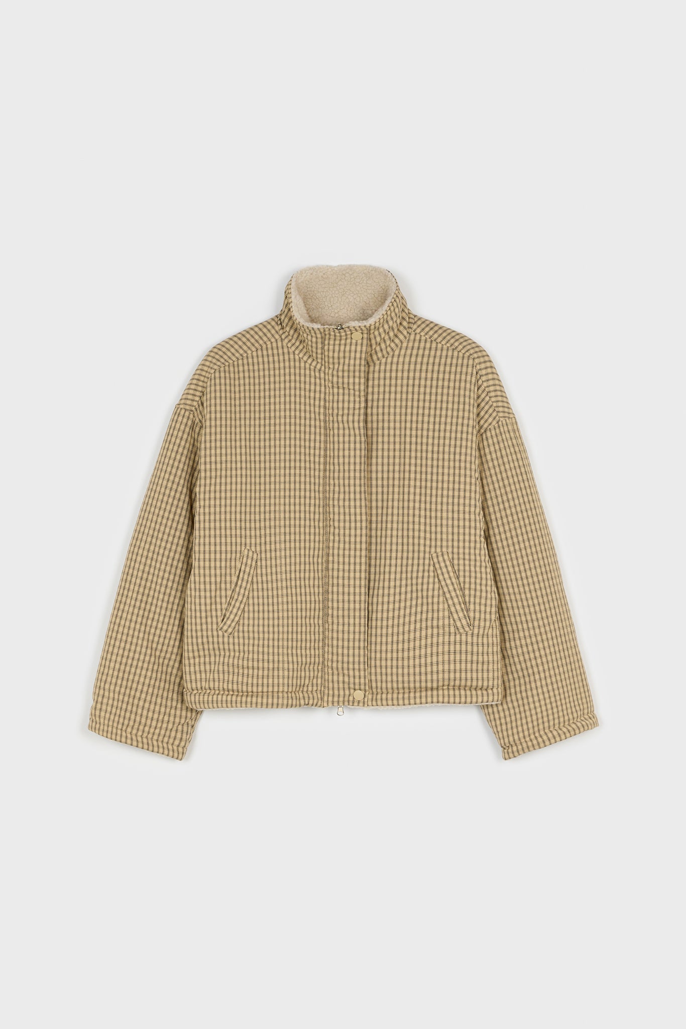Beige checked reversible teddy fleece jacket_1