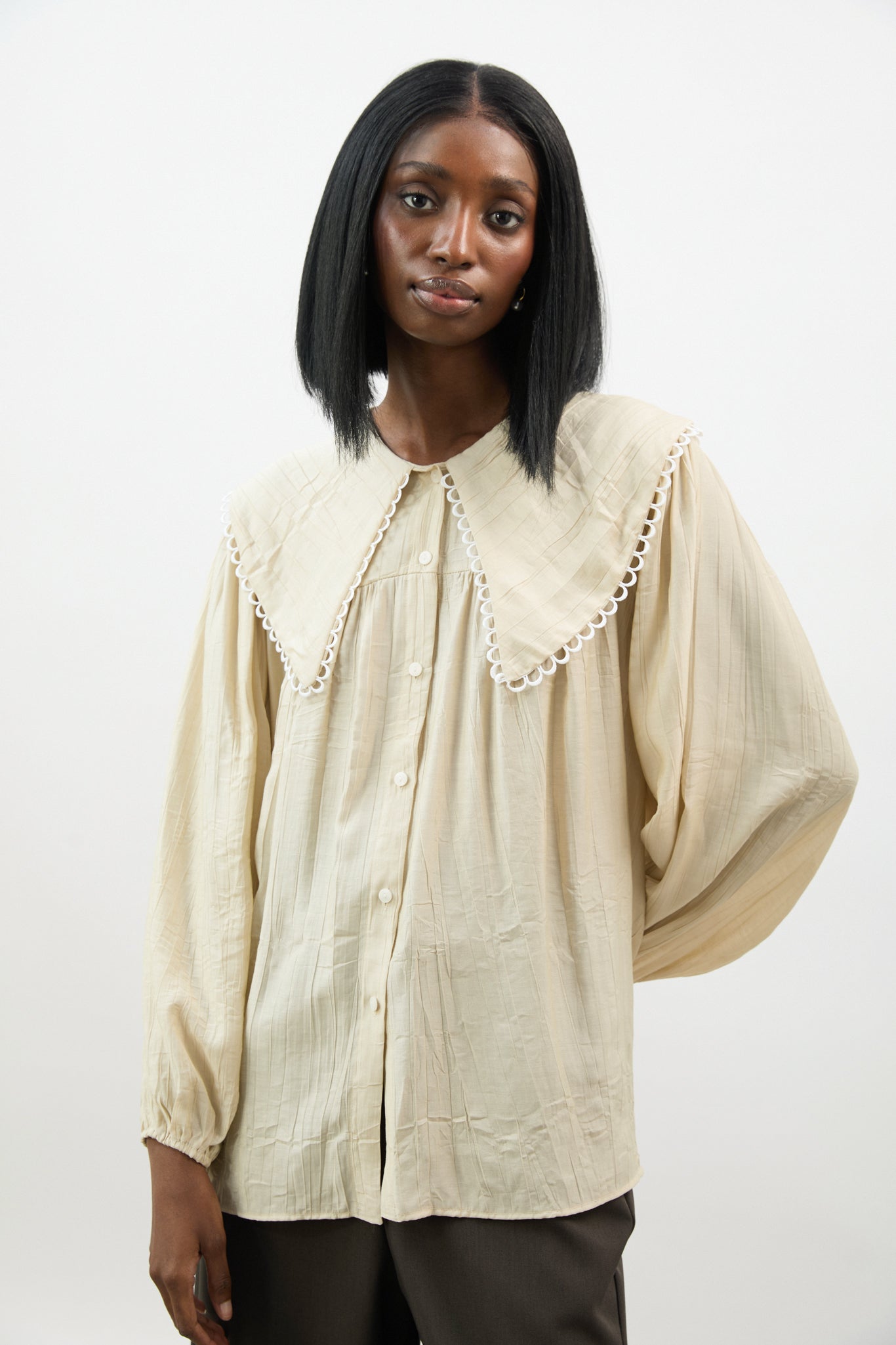 Beige large eyelet trim collar blouse_1