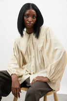 Beige large eyelet trim collar blouse_5