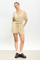 Beige linen blend button front tie waist romper_1
