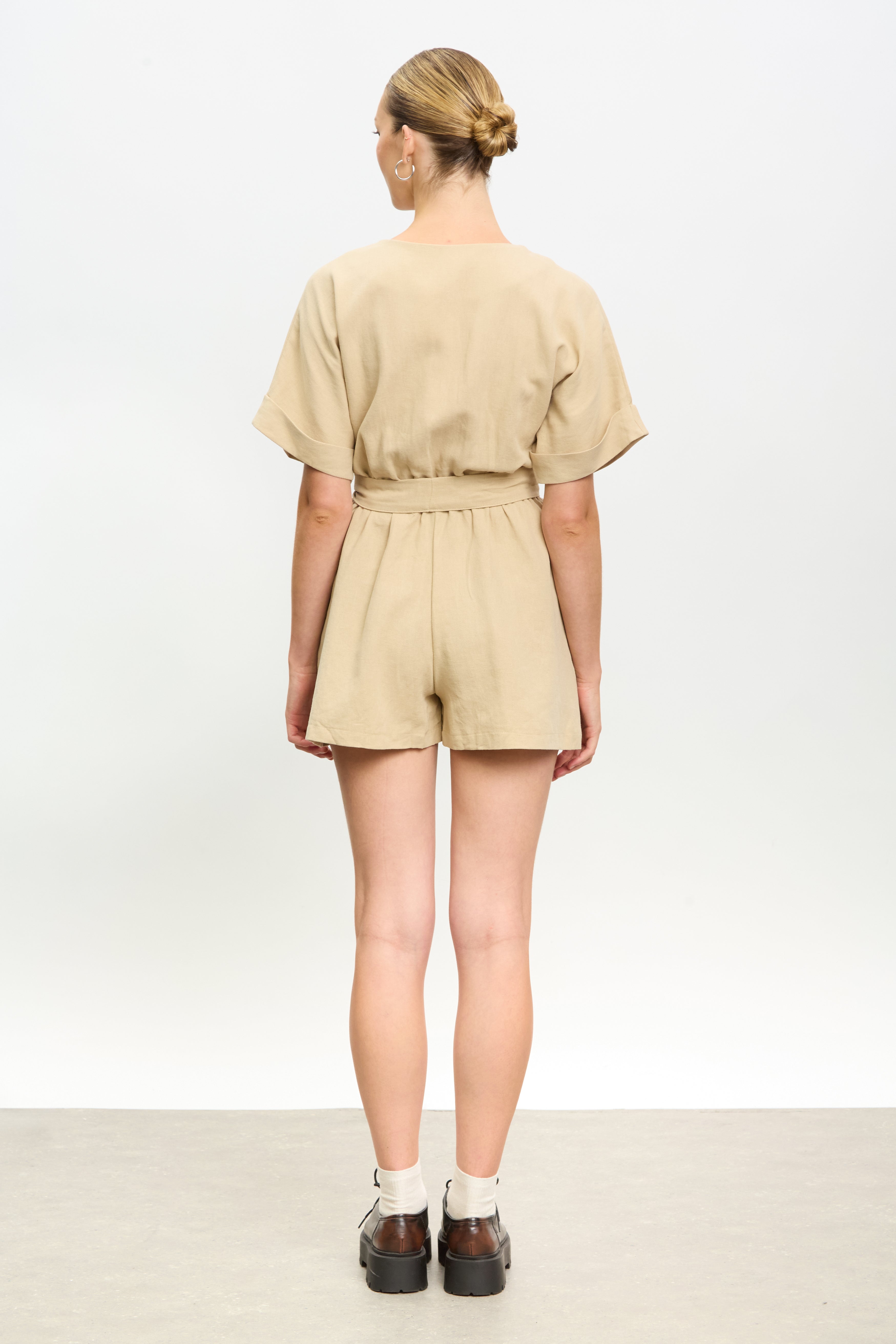 Beige linen blend button front tie waist romper_2