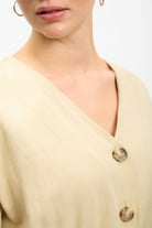 Beige linen blend button front tie waist romper_4