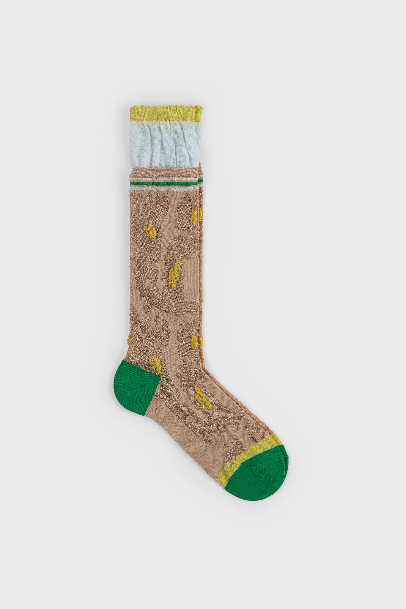 Beige metallic floral green heeled varsity trim cuffed socks_1