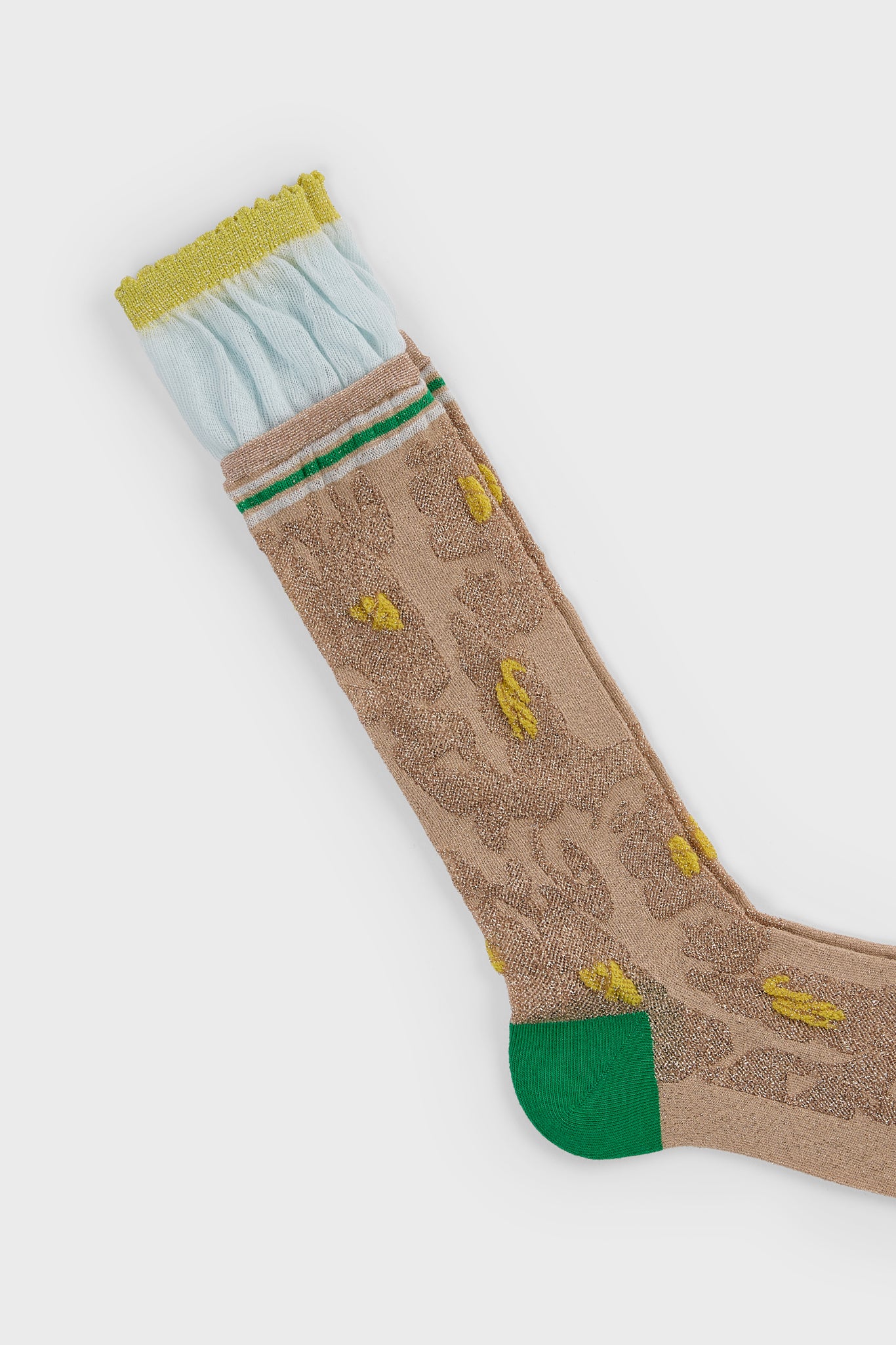 Beige metallic floral green heeled varsity trim cuffed socks_2