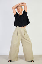 Beige pleated wide leg trousers_5